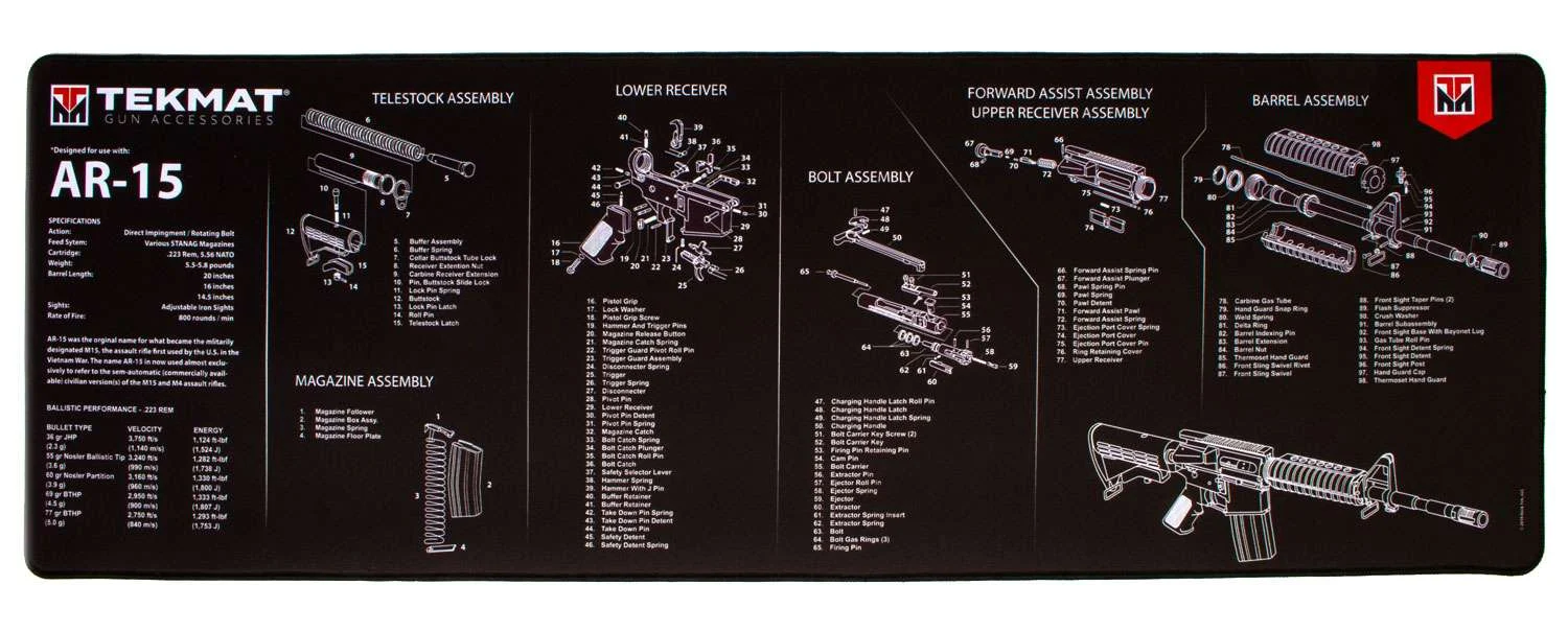 TekMat Ultra Premium Cleaning Mat AR-15 Parts Diagram 15" x 44" TEKR44AR15